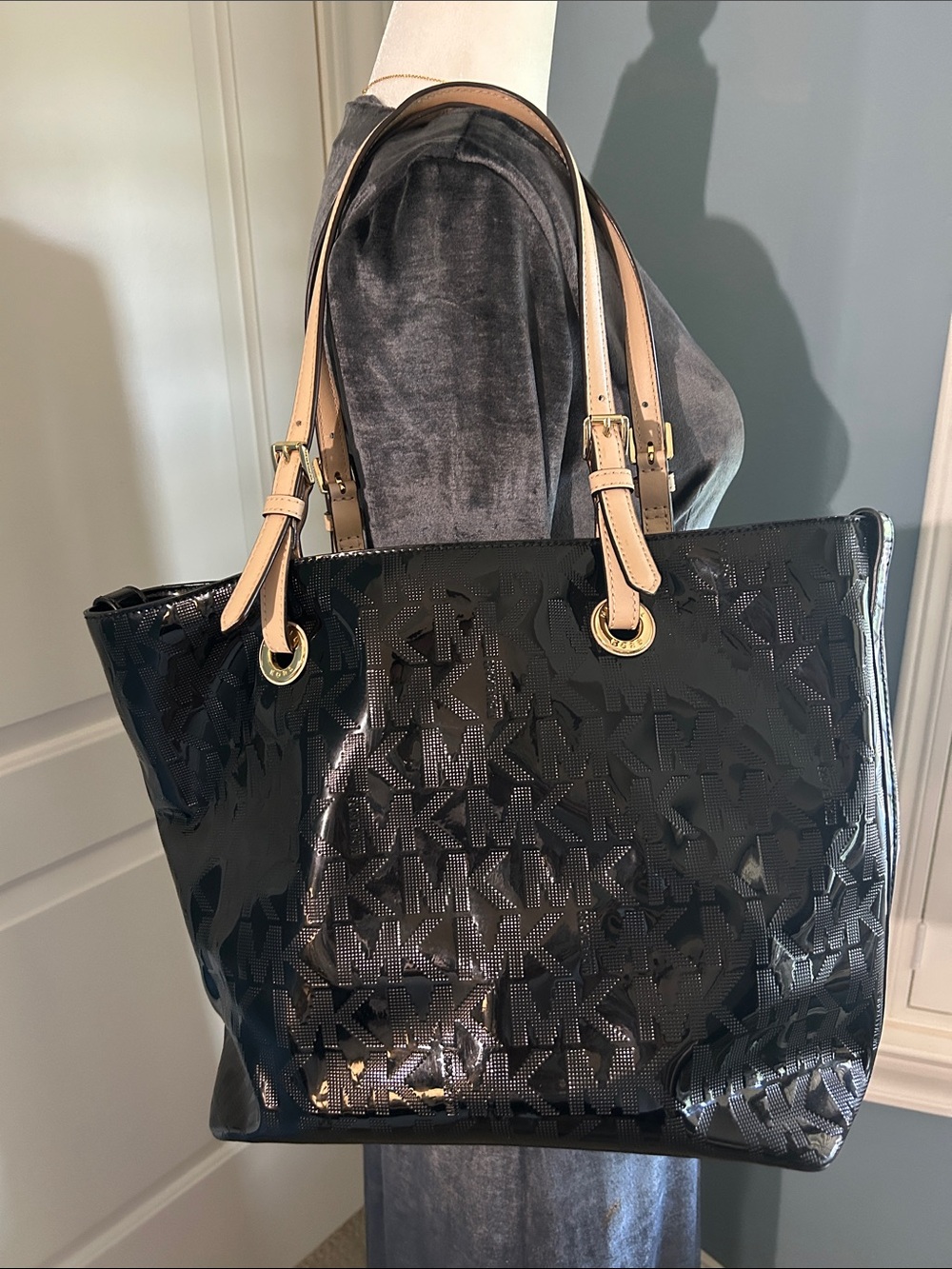 MICHAEL Michael Kors Black Patent Logo Tote with Tan Leather Handles